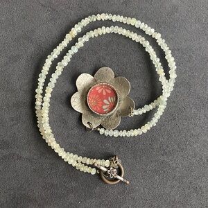 Handmade Floral Pendant Necklace with Silver and Red Accents